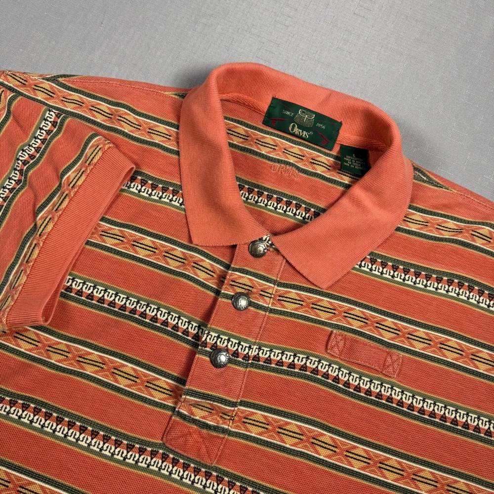 Orvis Mens Large Salmon Orange Southwestern Geometric Stripe Cotton Polo Shirt